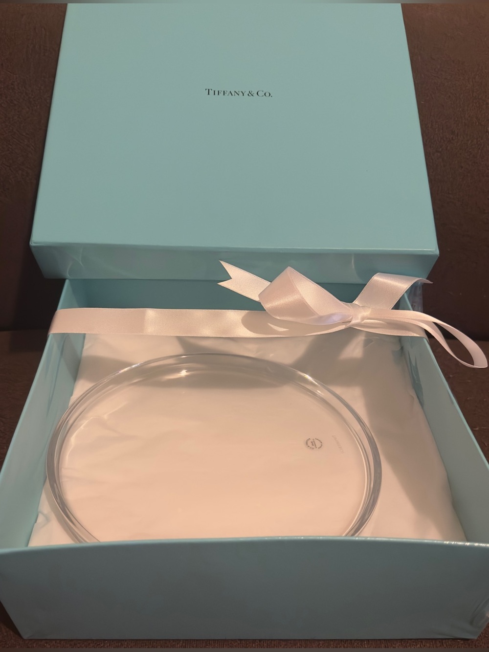 NWT Tiffany & Co. Blue Gift Box with White Ribbon. 8” Crystal plate.
